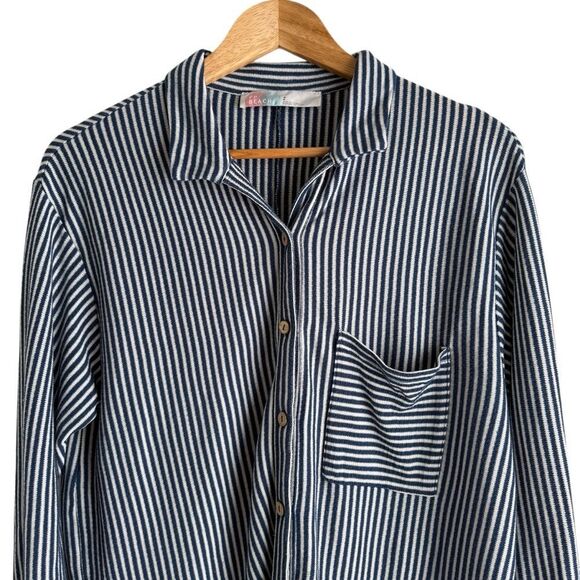 Free People Beach Blue and White Striped Jersey Knit Long Sleeve Shirt - Picture 2 of 5